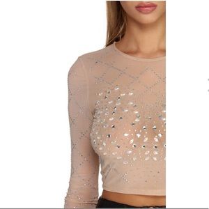 Sheer tan sequined long sleeved crop top